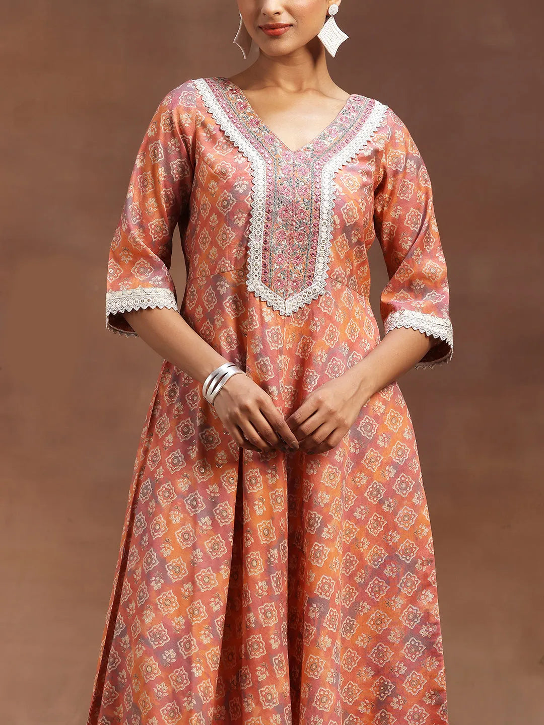  Peach Printed Silk Blend A-Line Kurta With Trousers & Dupatta 