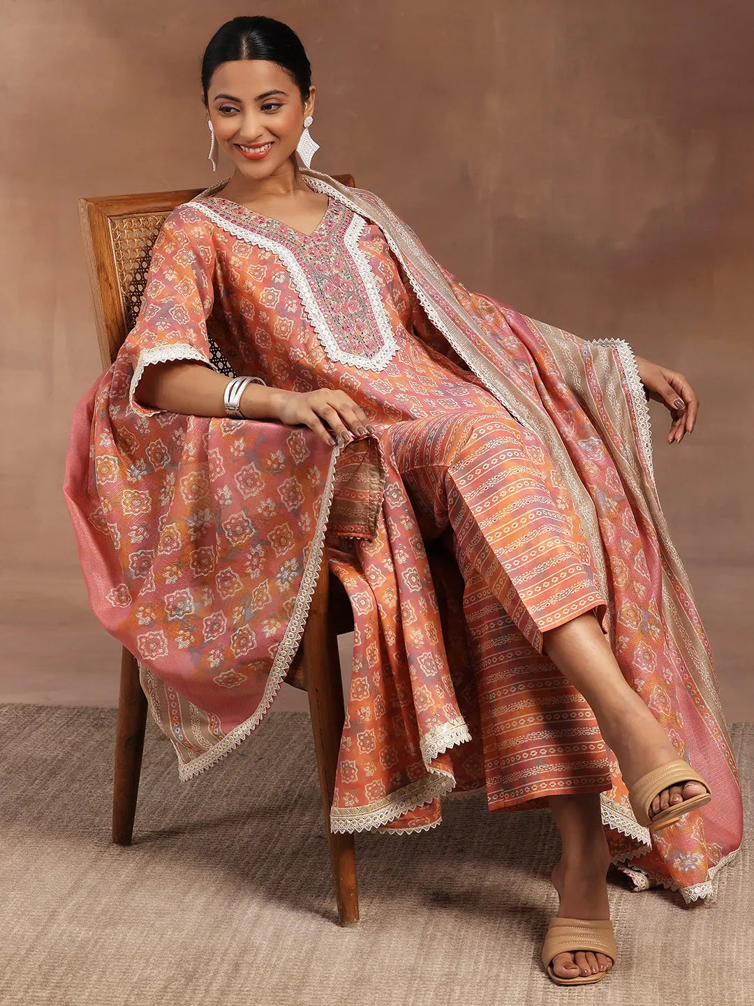 Peach Printed Silk Blend A-Line Kurta With Trousers & Dupatta-image-48