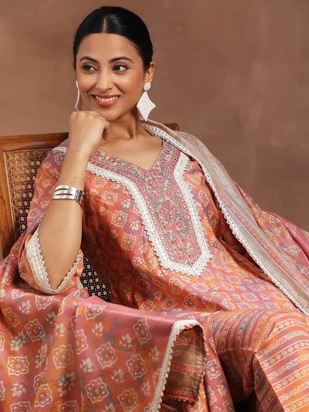  Peach Printed Silk Blend A-Line Kurta With Trousers & Dupatta 