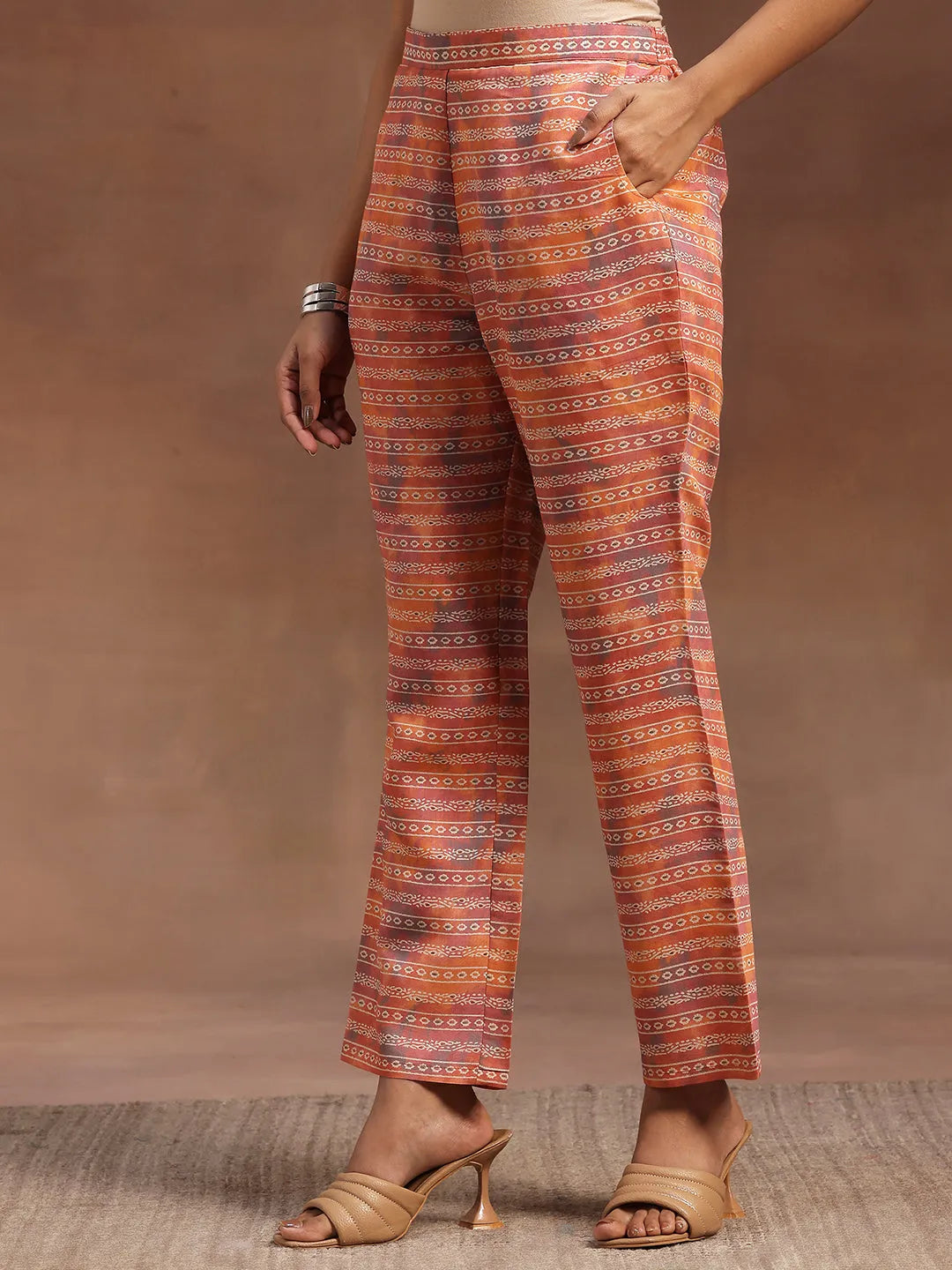  Peach Printed Silk Blend A-Line Kurta With Trousers & Dupatta 