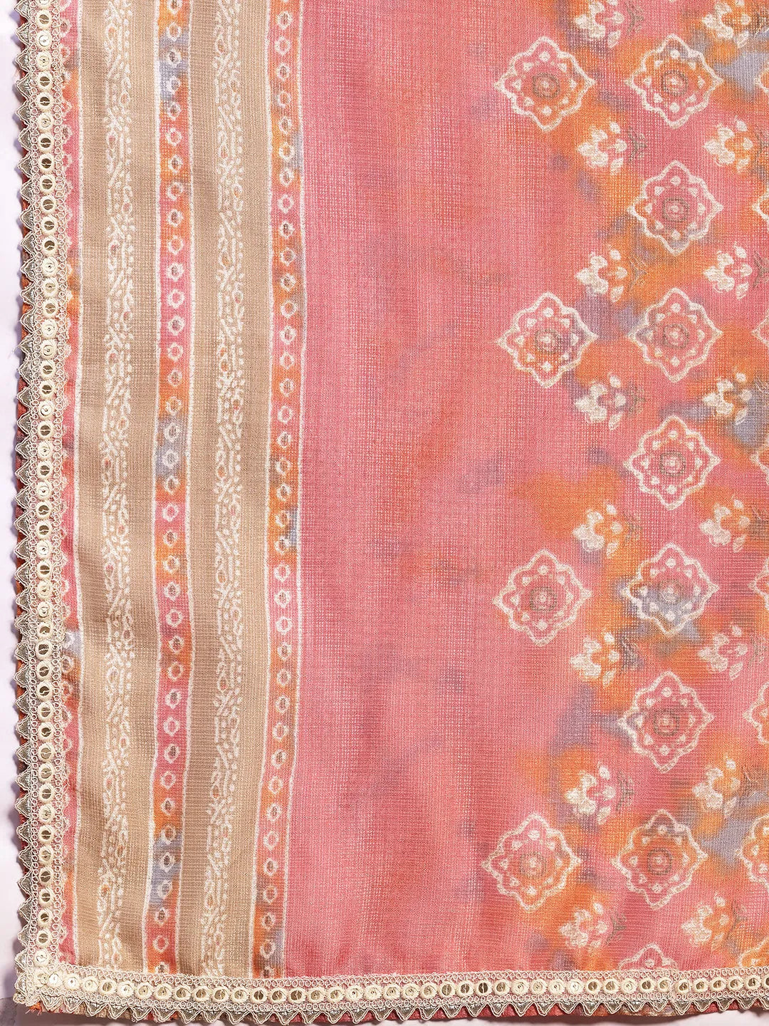  Peach Printed Silk Blend A-Line Kurta With Trousers & Dupatta 