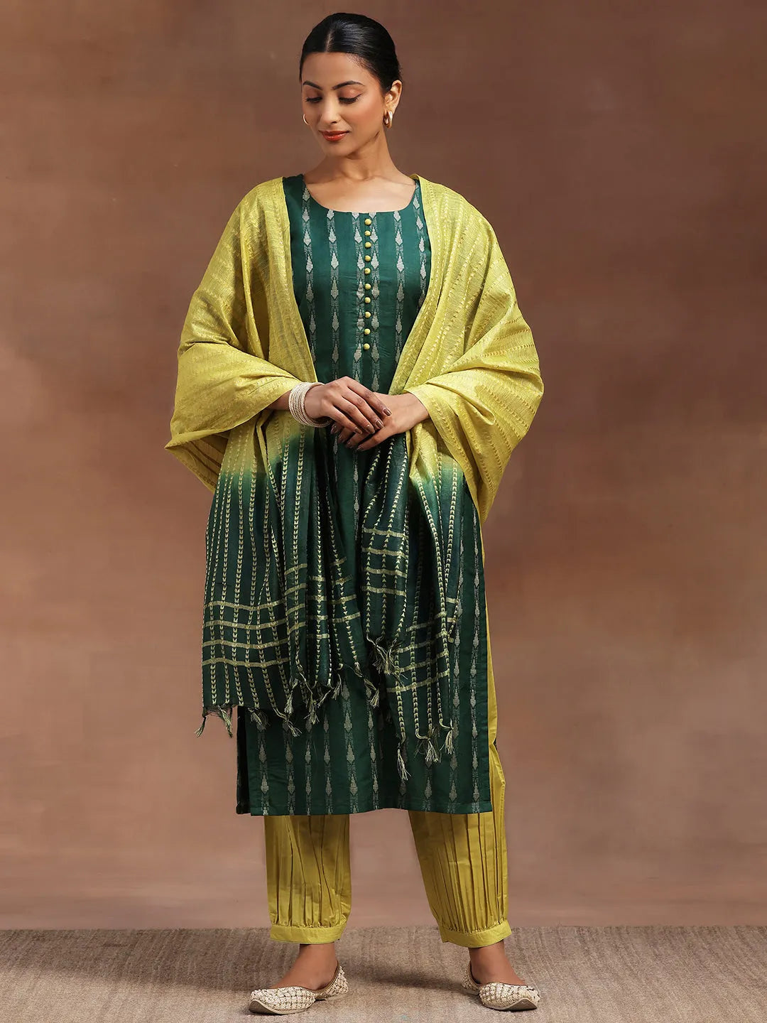  Green Woven Design Silk Blend Straight Suit With Dupatta 