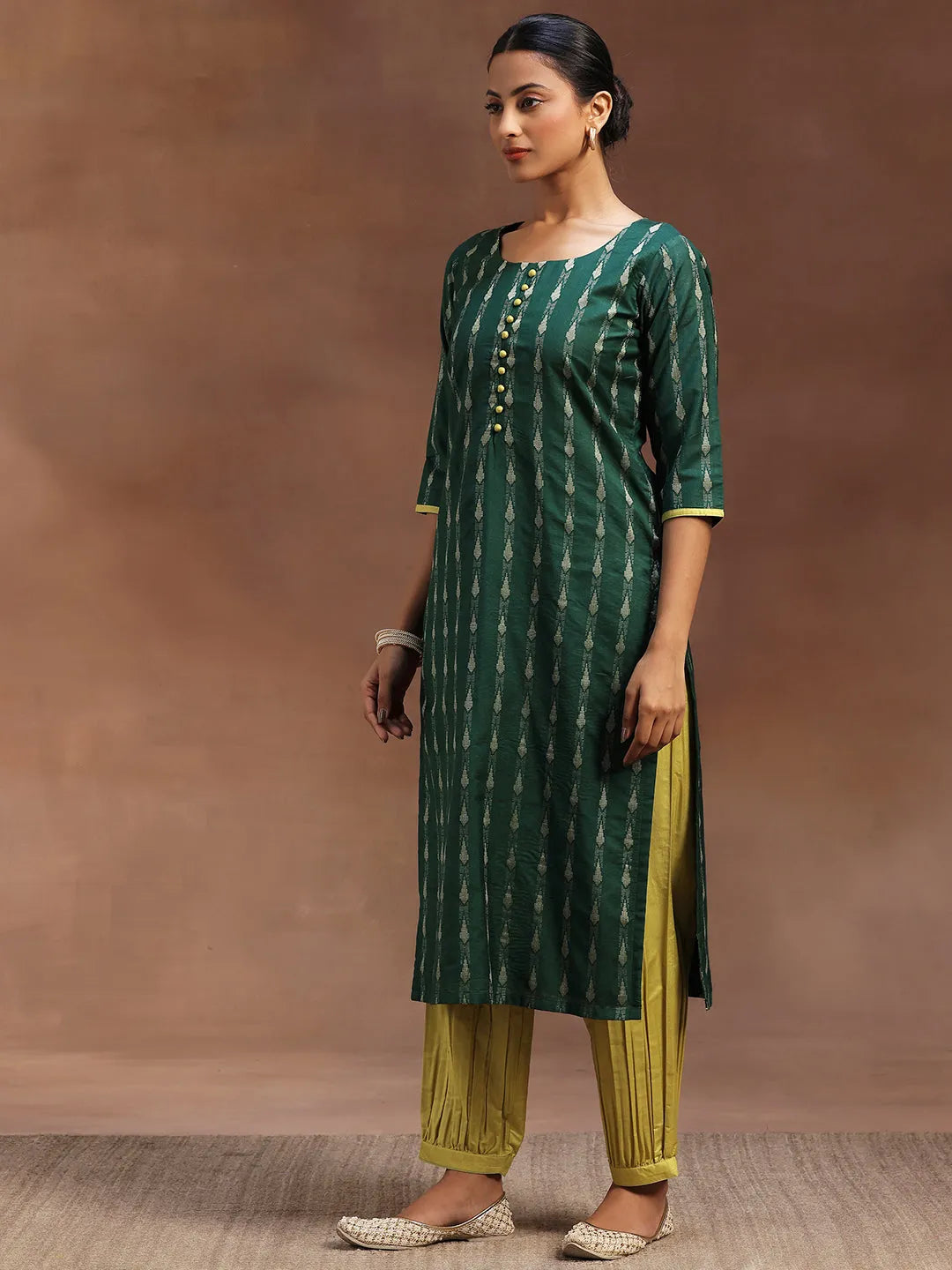  Green Woven Design Silk Blend Straight Suit With Dupatta 