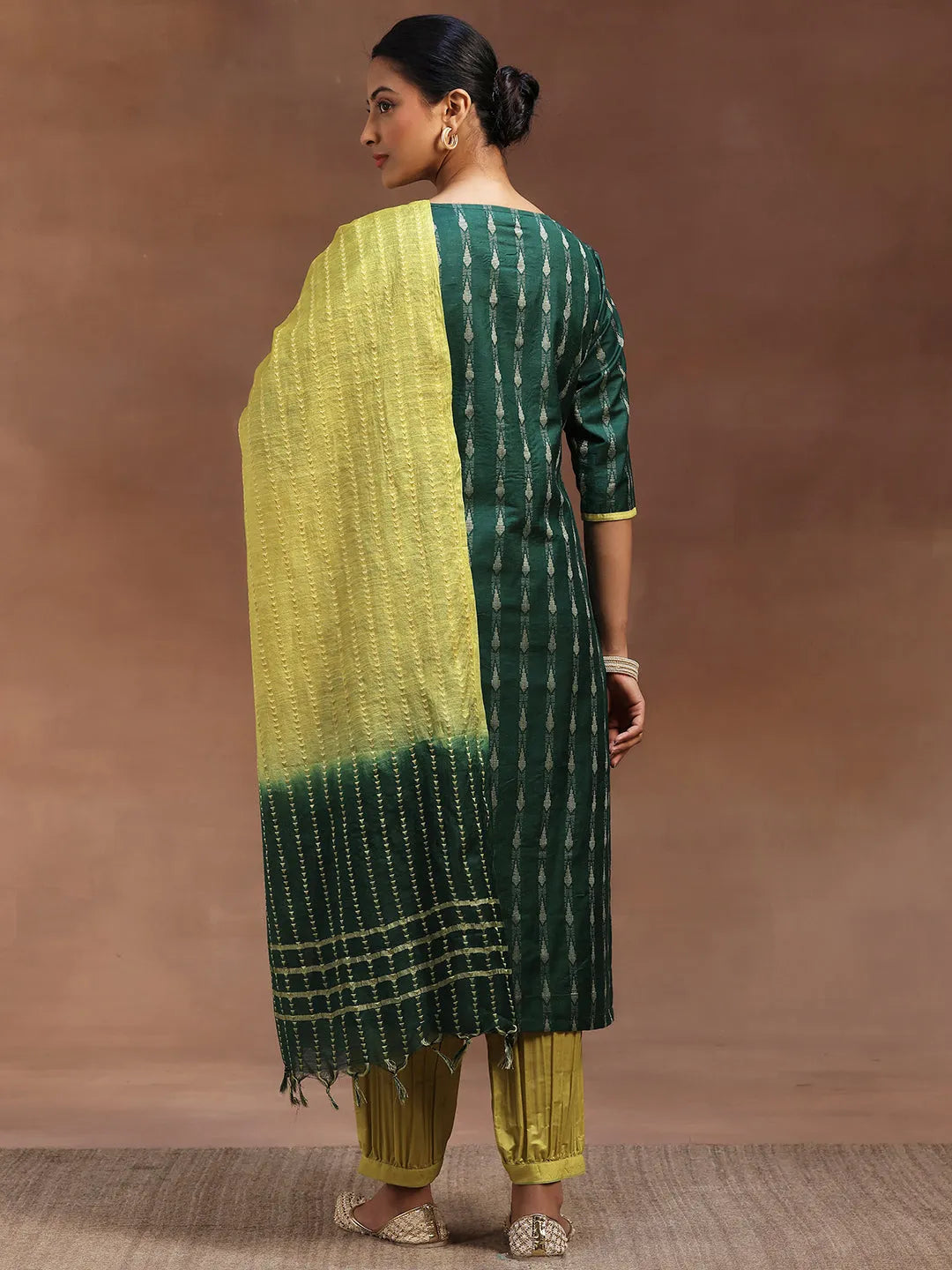  Green Woven Design Silk Blend Straight Suit With Dupatta 
