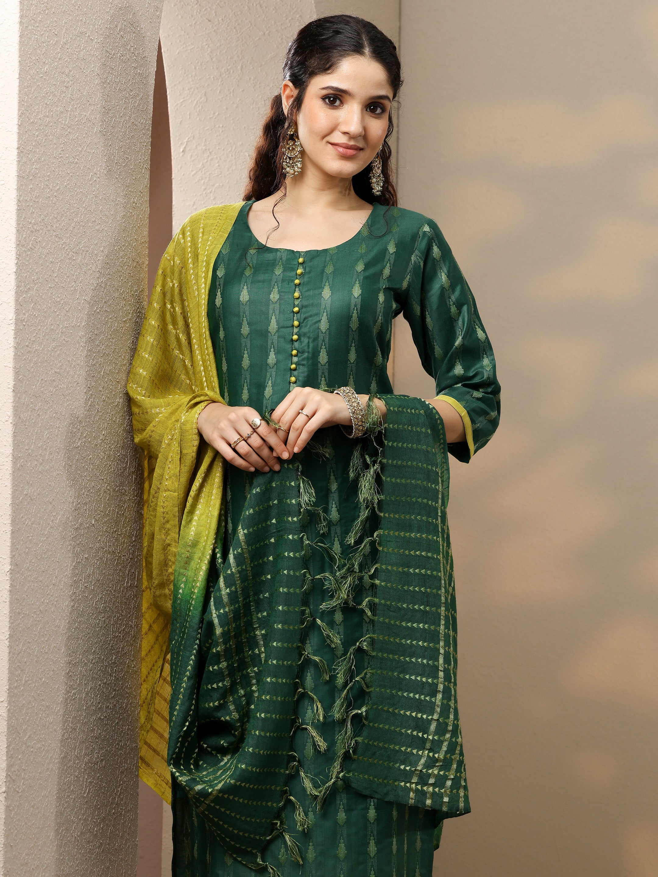 libas Green Woven Design Silk Blend Straight Suit With Dupatta-picture-41