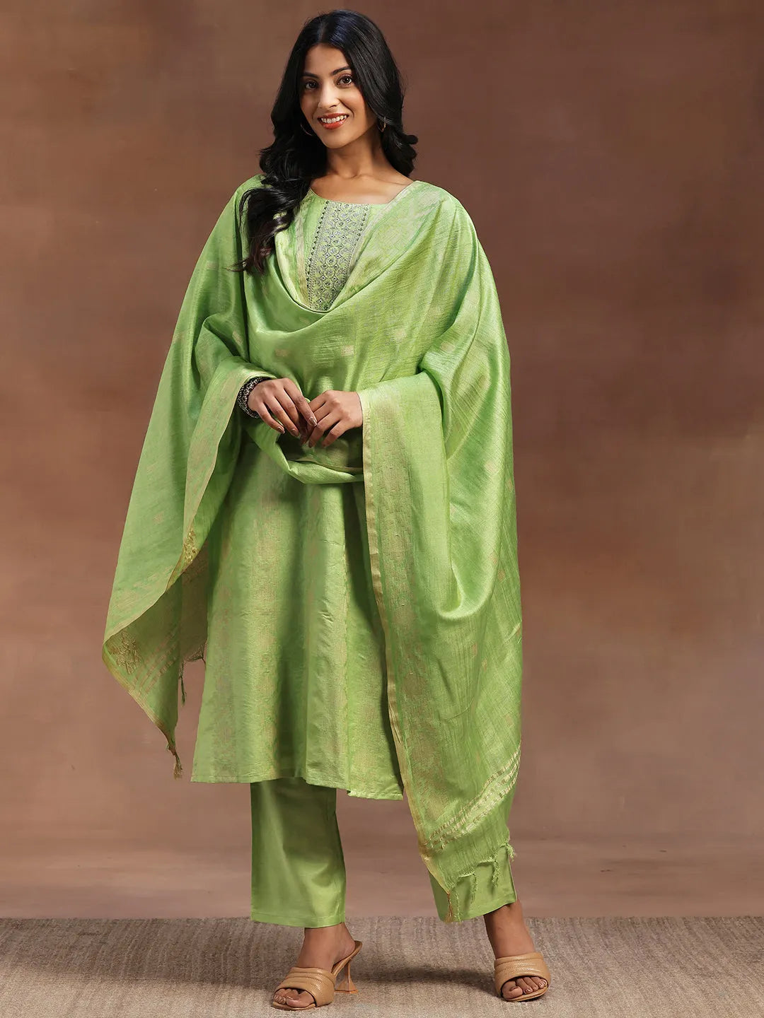libas Green Woven Design Chanderi Silk Straight Suit With Dupatta-picture-26