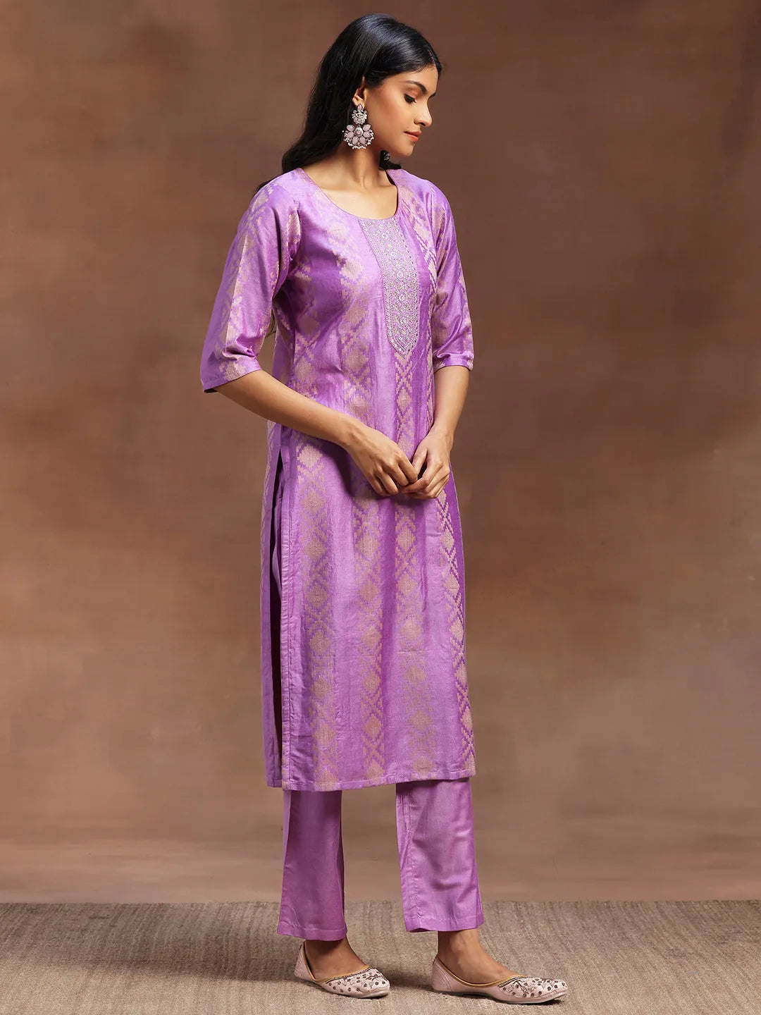  Purple Woven Design Chanderi Silk Straight Suit With Dupatta 