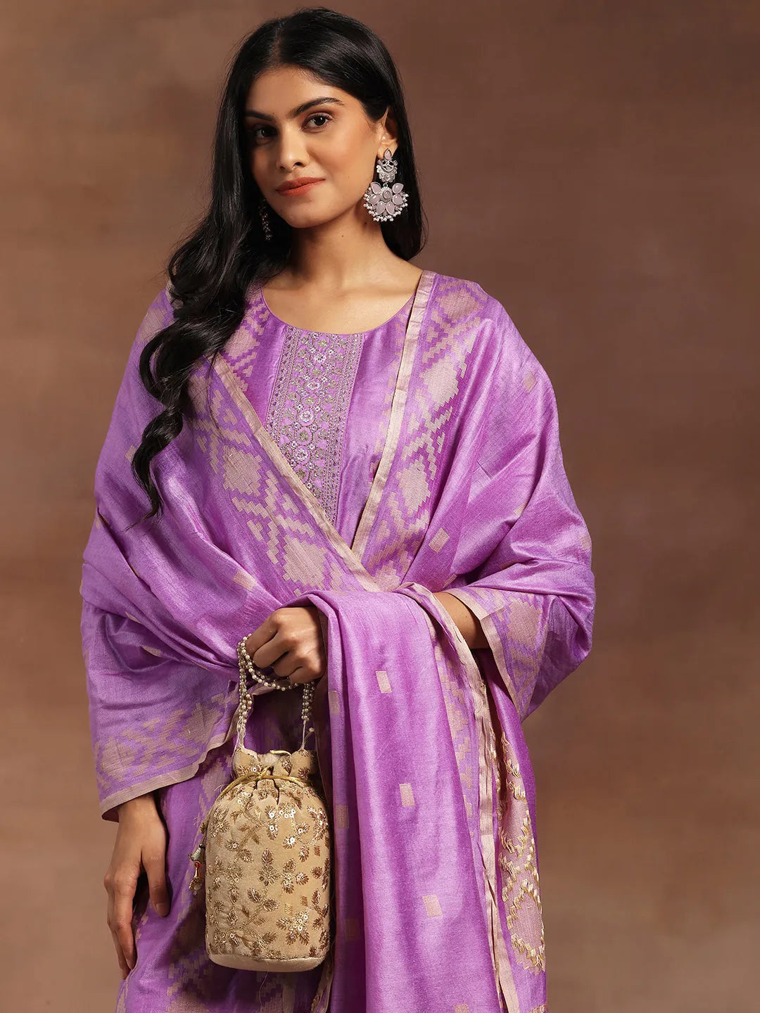  Purple Woven Design Chanderi Silk Straight Suit With Dupatta 
