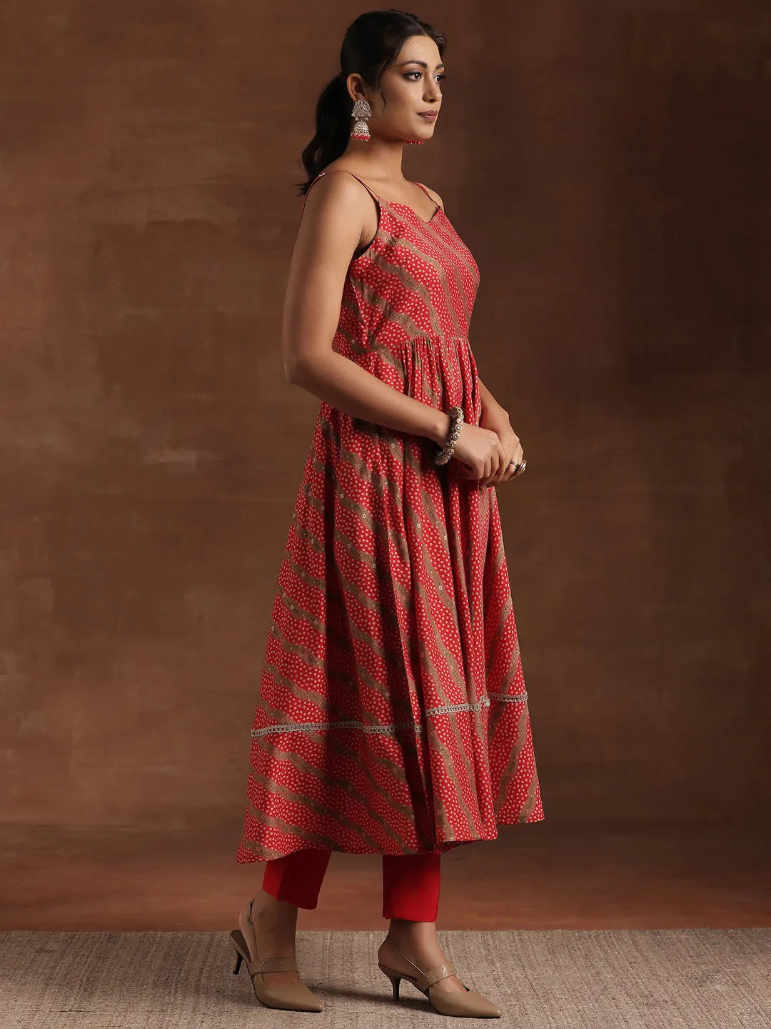  Red Printed Silk Blend Anarkali Suit With Dupatta 