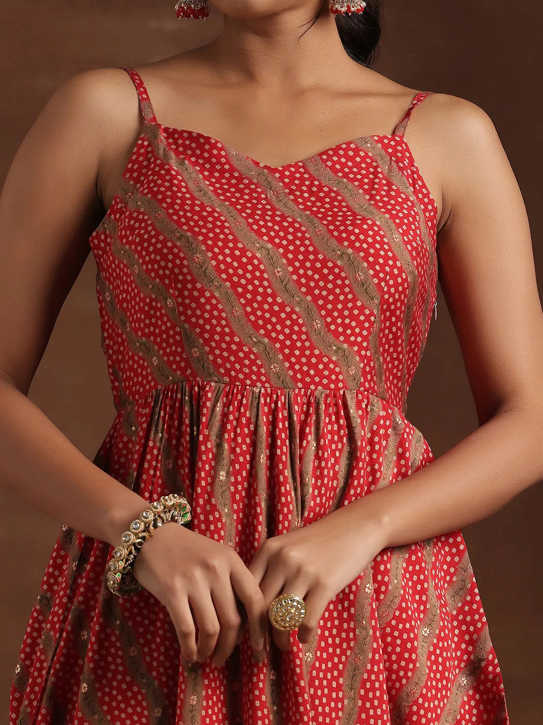  Red Printed Silk Blend Anarkali Suit With Dupatta 