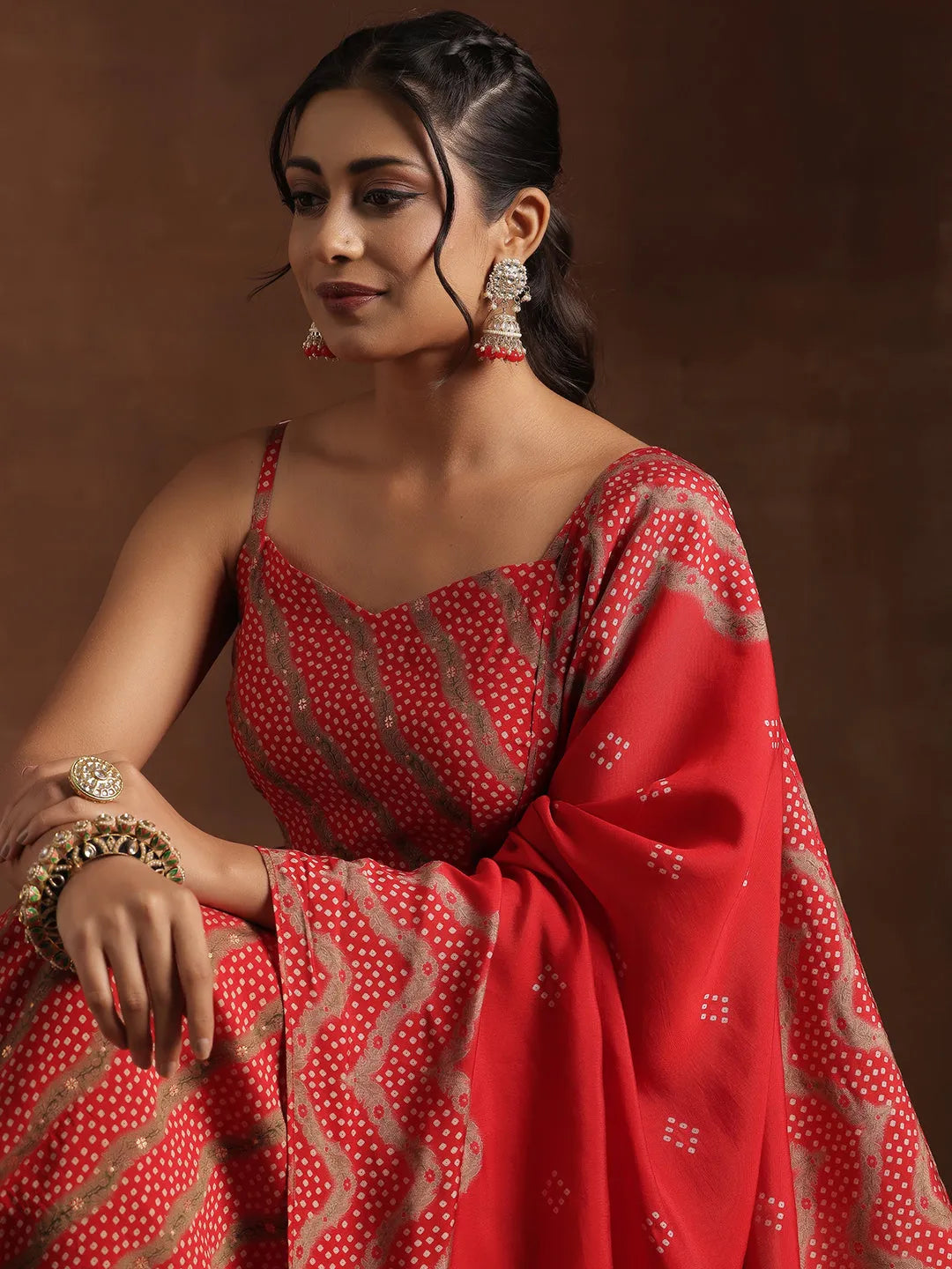  Red Printed Silk Blend Anarkali Suit With Dupatta 