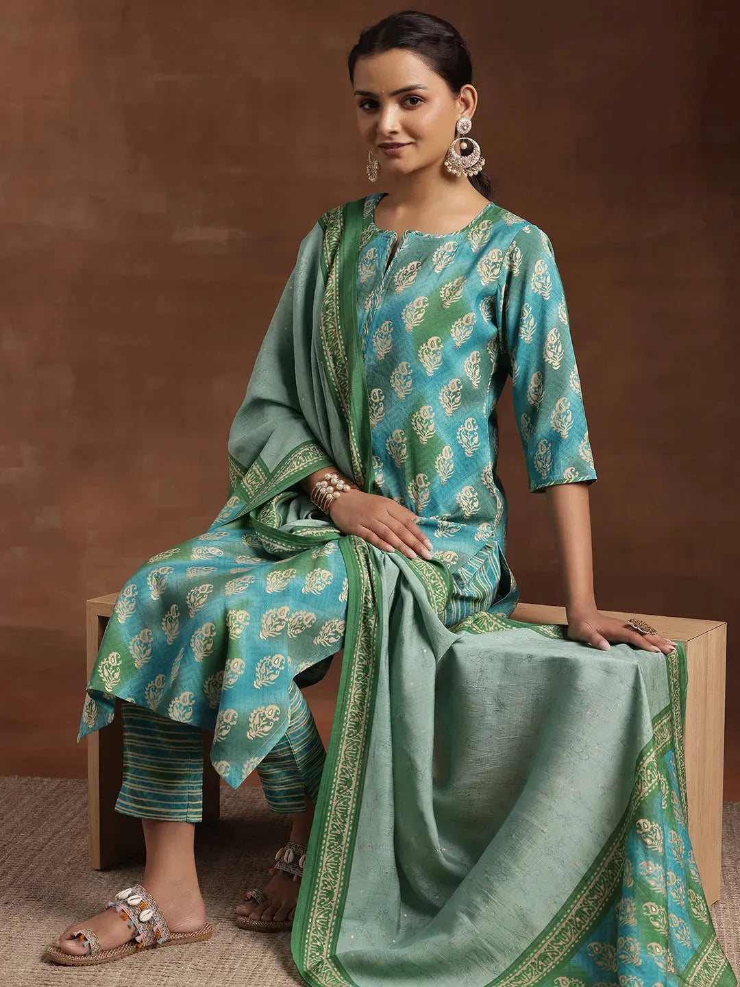 Blue Printed Silk Blend Straight Suit With Dupatta-image-47