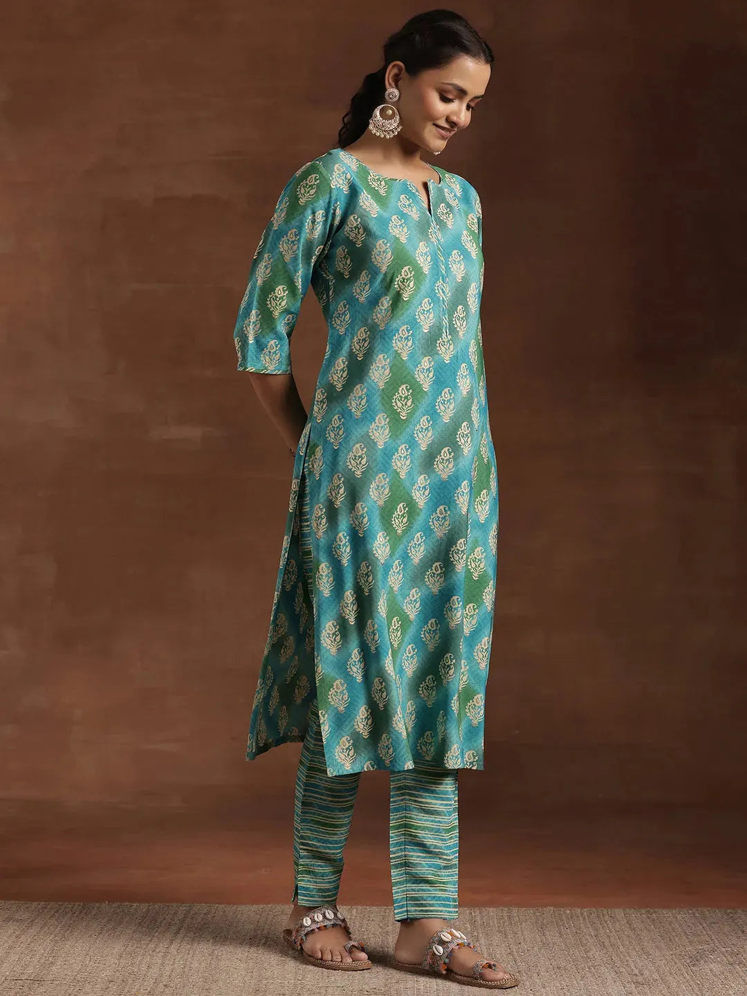  Blue Printed Silk Blend Straight Suit With Dupatta 