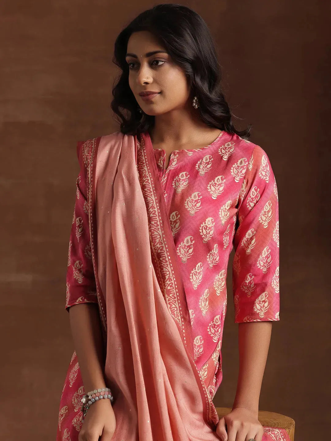  Pink Printed Silk Blend Straight Suit With Dupatta 