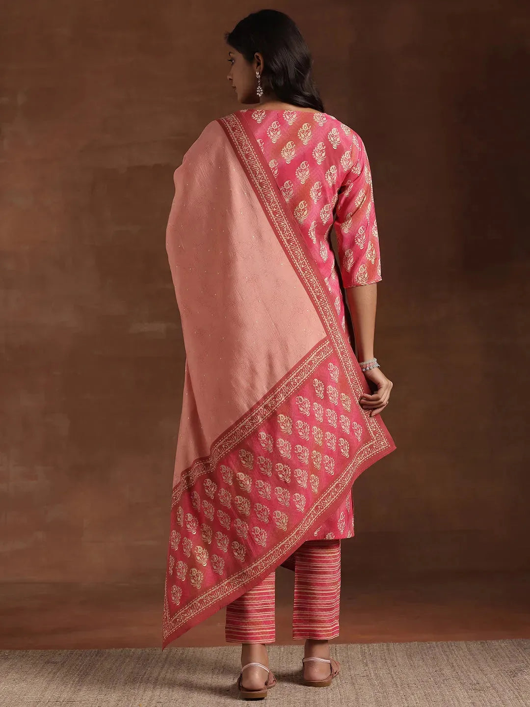  Pink Printed Silk Blend Straight Suit With Dupatta 