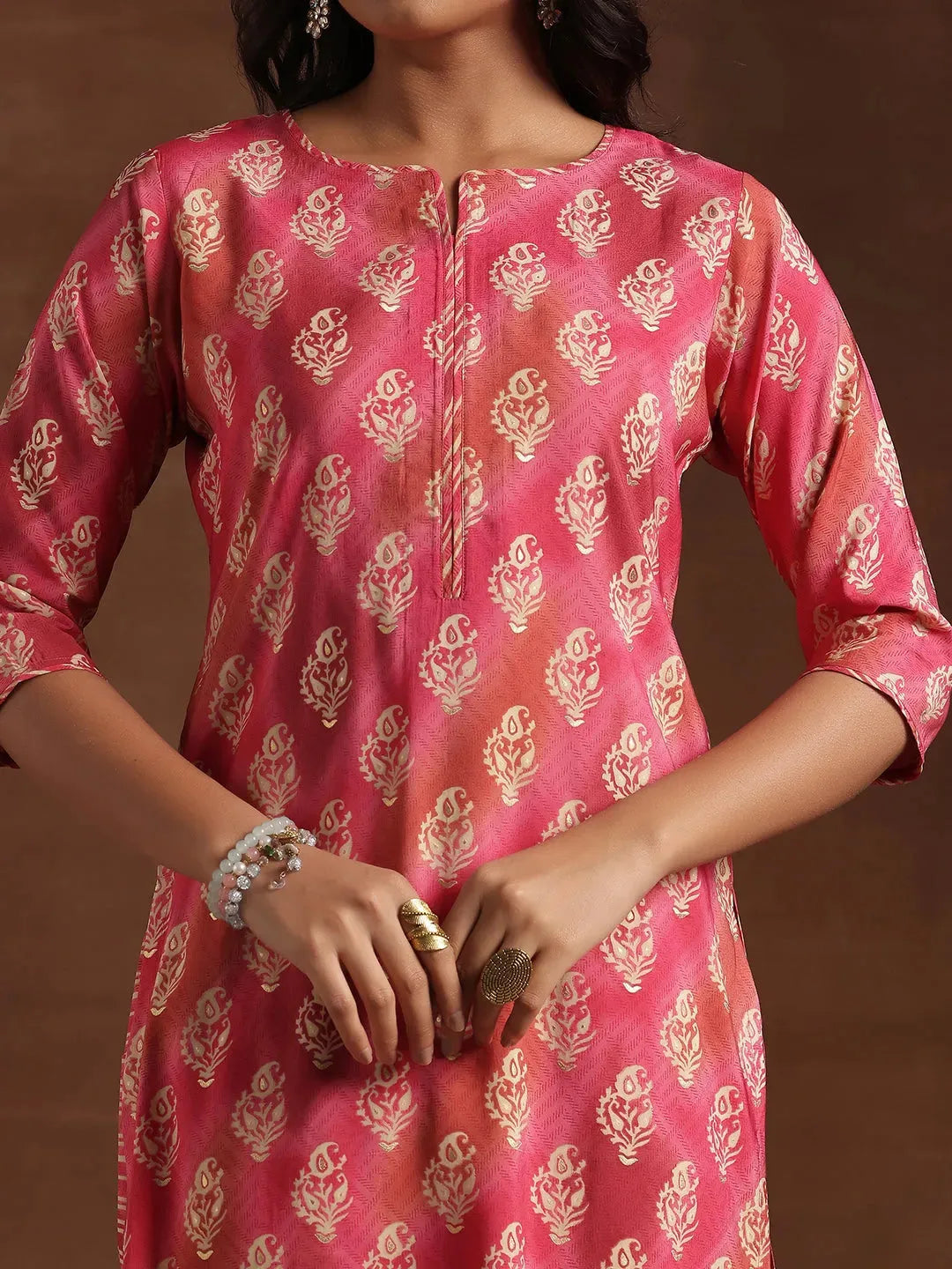  Pink Printed Silk Blend Straight Suit With Dupatta 