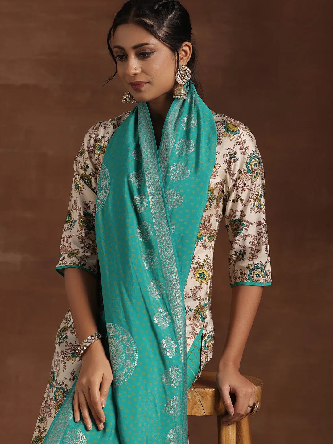  Blue Printed Silk Blend Straight Suit With Dupatta 