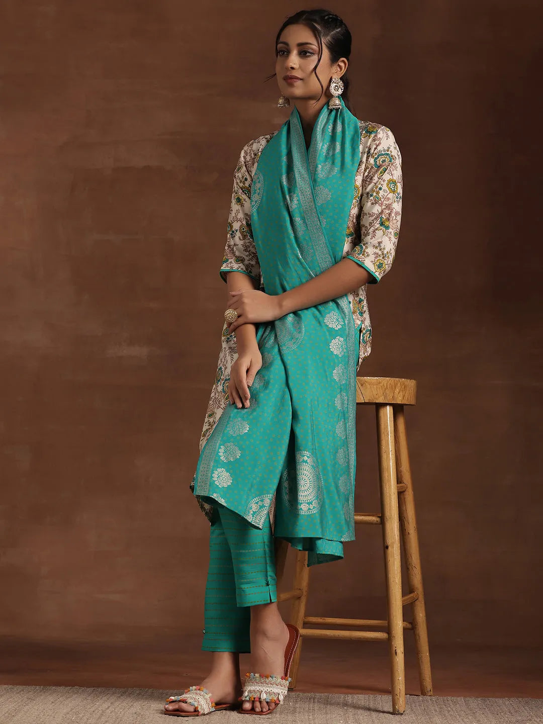  Blue Printed Silk Blend Straight Suit With Dupatta 