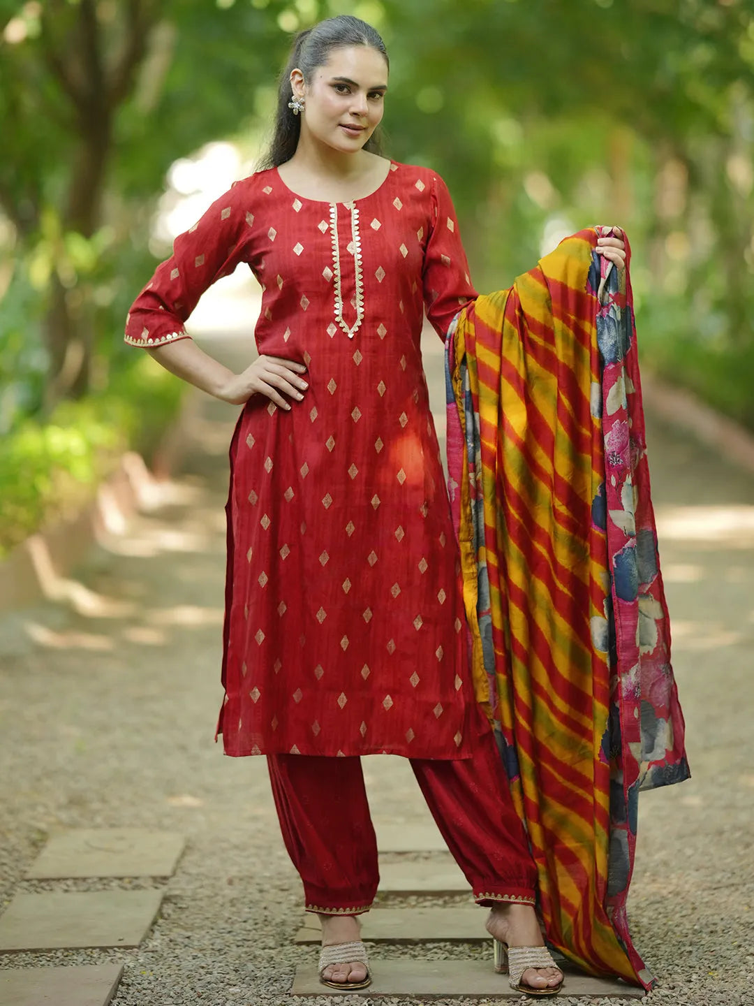 libas Red Woven Design Silk Blend Straight Suit With Dupatta-picture-14
