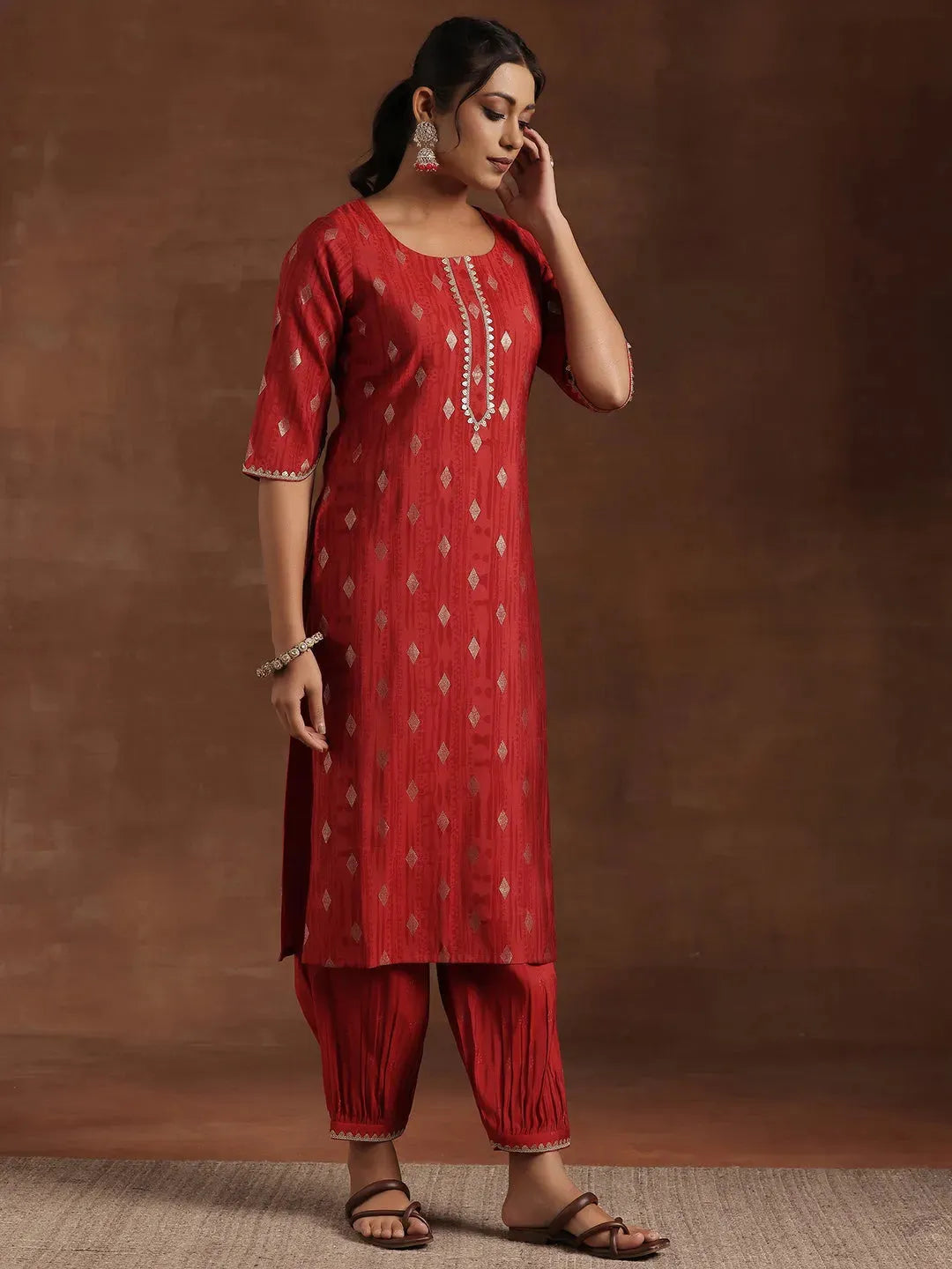  Red Woven Design Silk Blend Straight Suit With Dupatta 