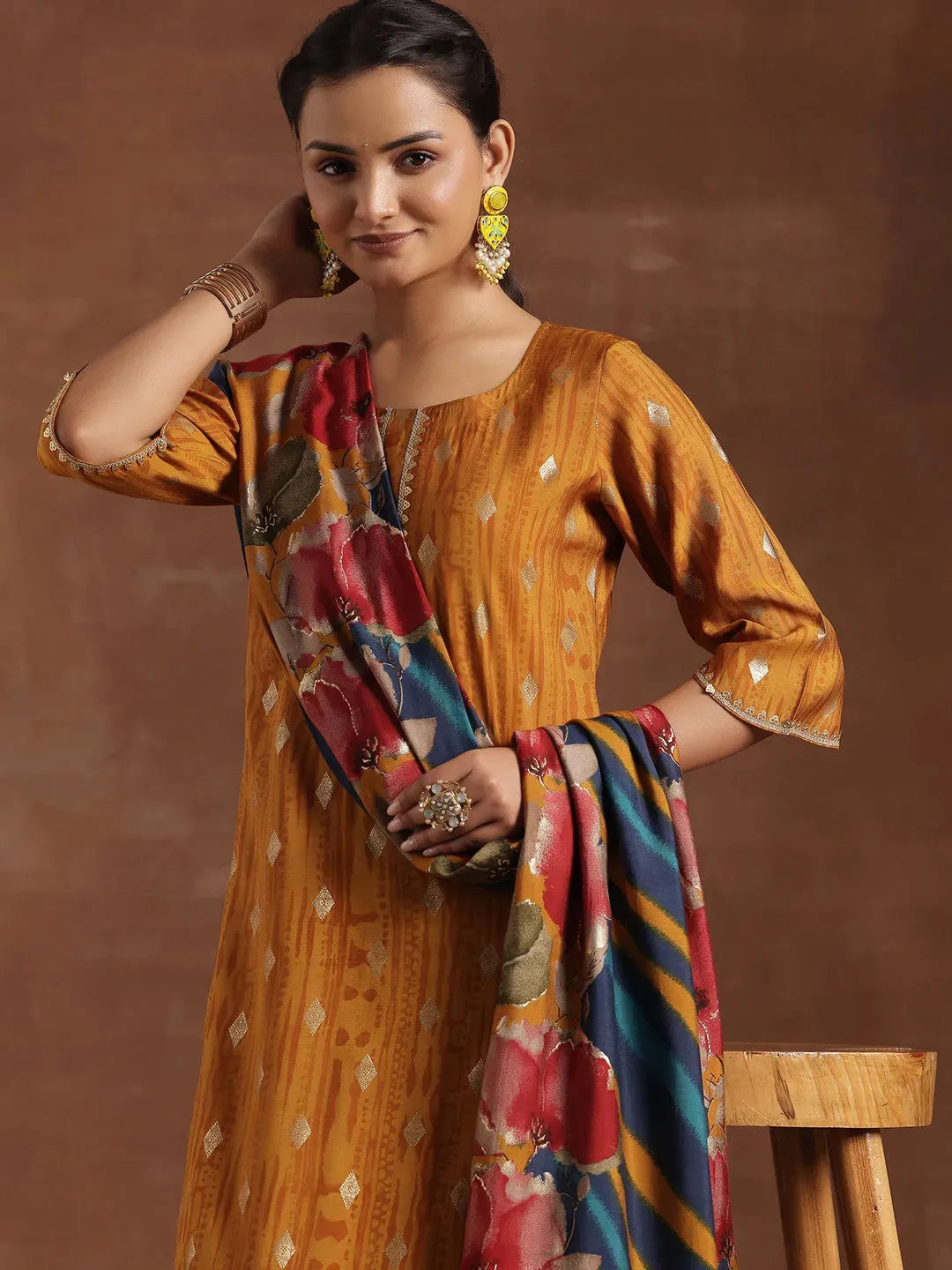  Mustard Woven Design Silk Blend Straight Suit With Dupatta 