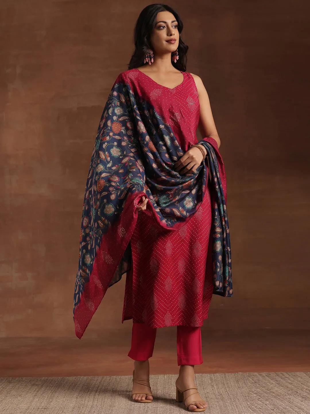  Pink Printed Silk Blend Straight Suit With Dupatta 