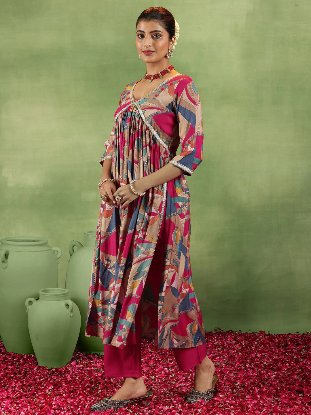  Pink Printed Silk Blend A-Line Kurta With Trousers & Dupatta 