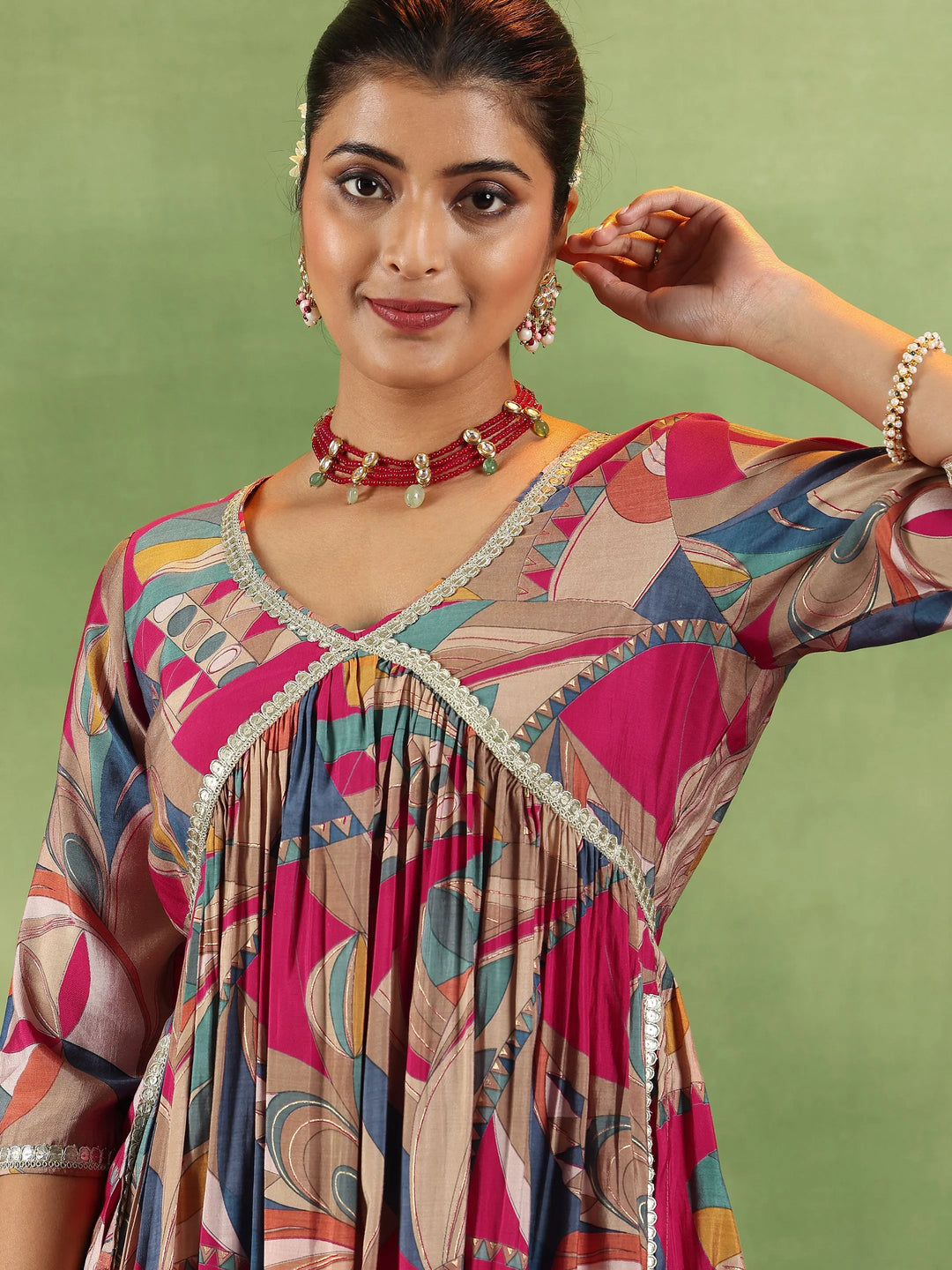  Pink Printed Silk Blend A-Line Kurta With Trousers & Dupatta 