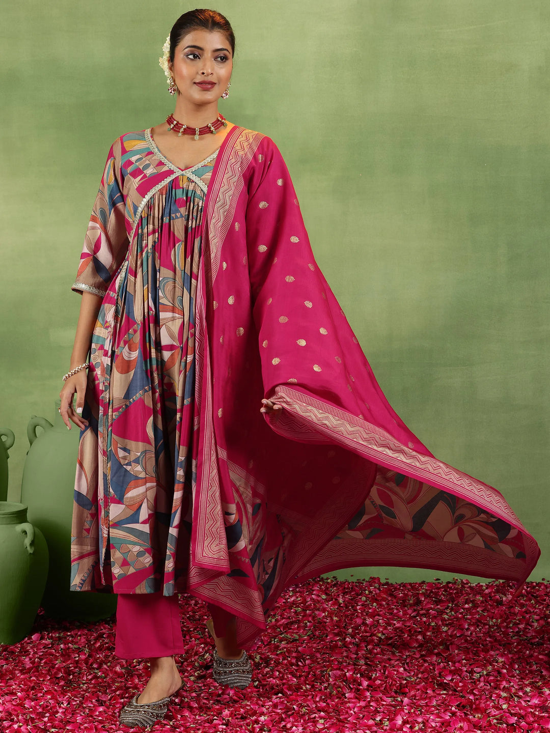  Pink Printed Silk Blend A-Line Kurta With Trousers & Dupatta 