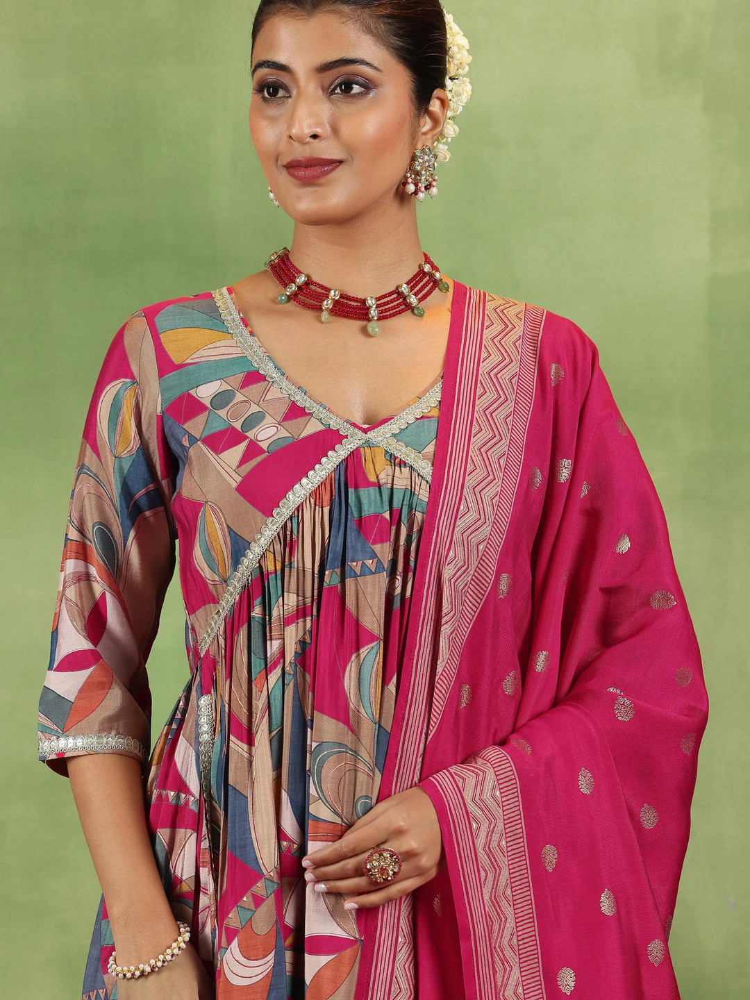  Pink Printed Silk Blend A-Line Kurta With Trousers & Dupatta 
