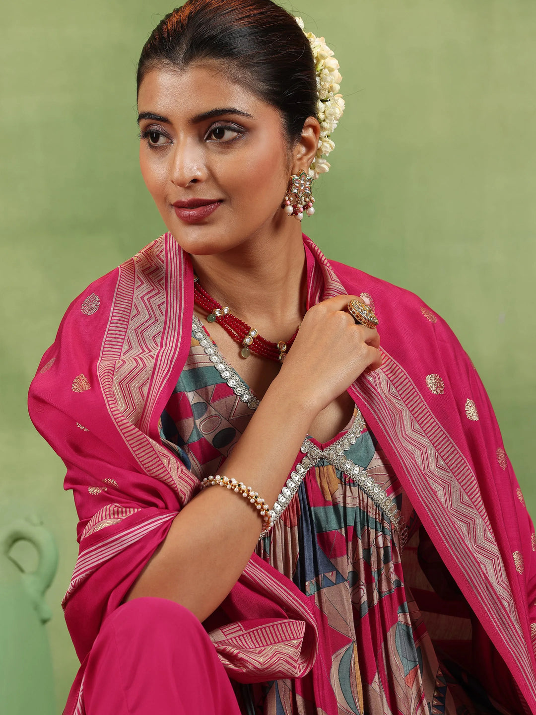  Pink Printed Silk Blend A-Line Kurta With Trousers & Dupatta 