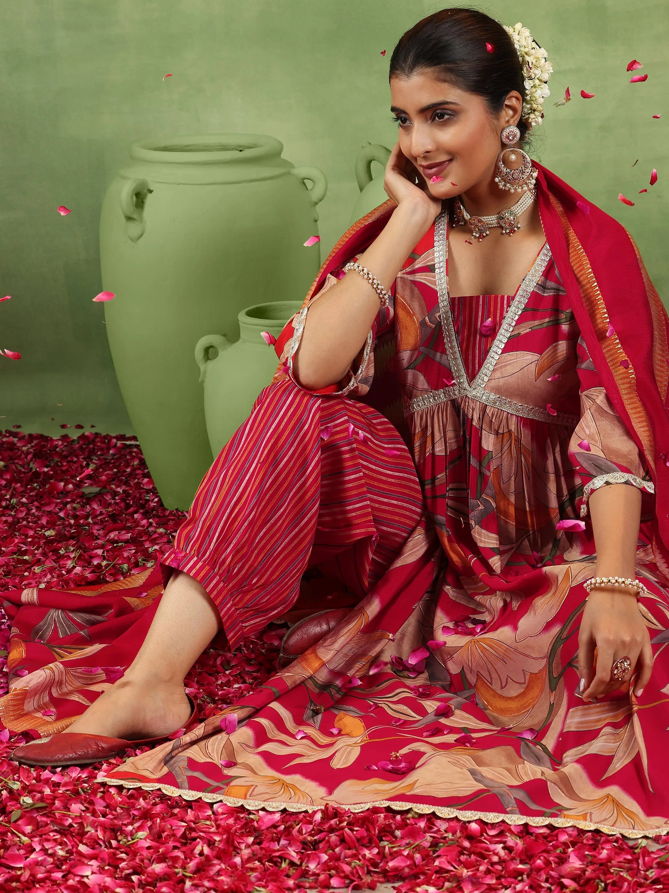 Red Printed Silk Blend A-Line Kurta With Salwar & Dupatta-image-44