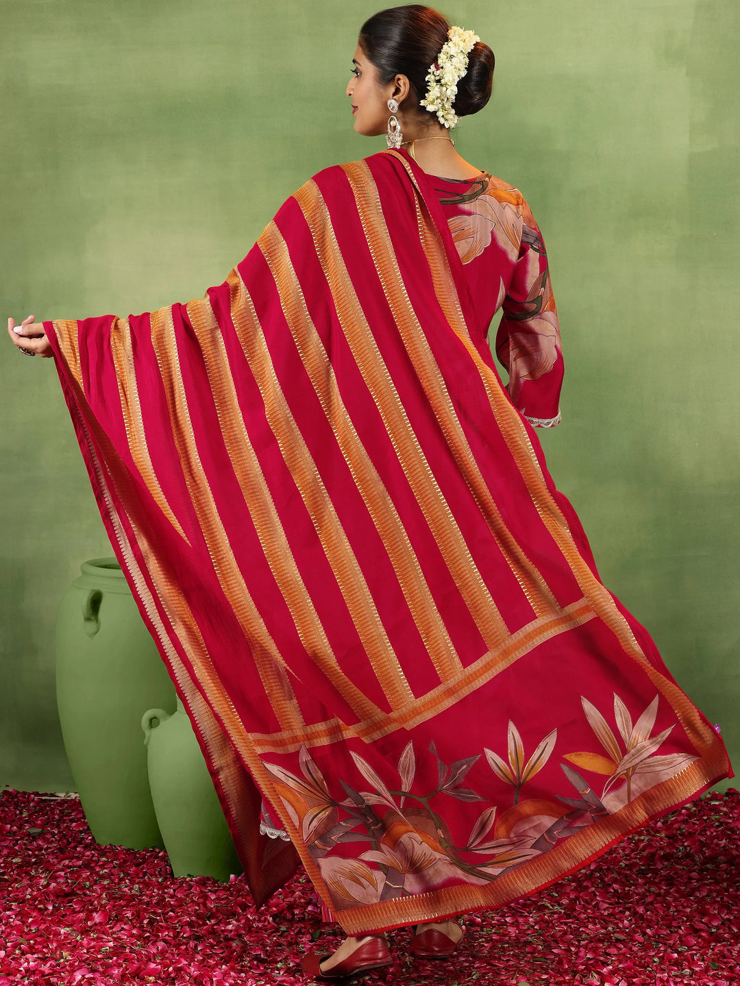  Red Printed Silk Blend A-Line Kurta With Salwar & Dupatta 