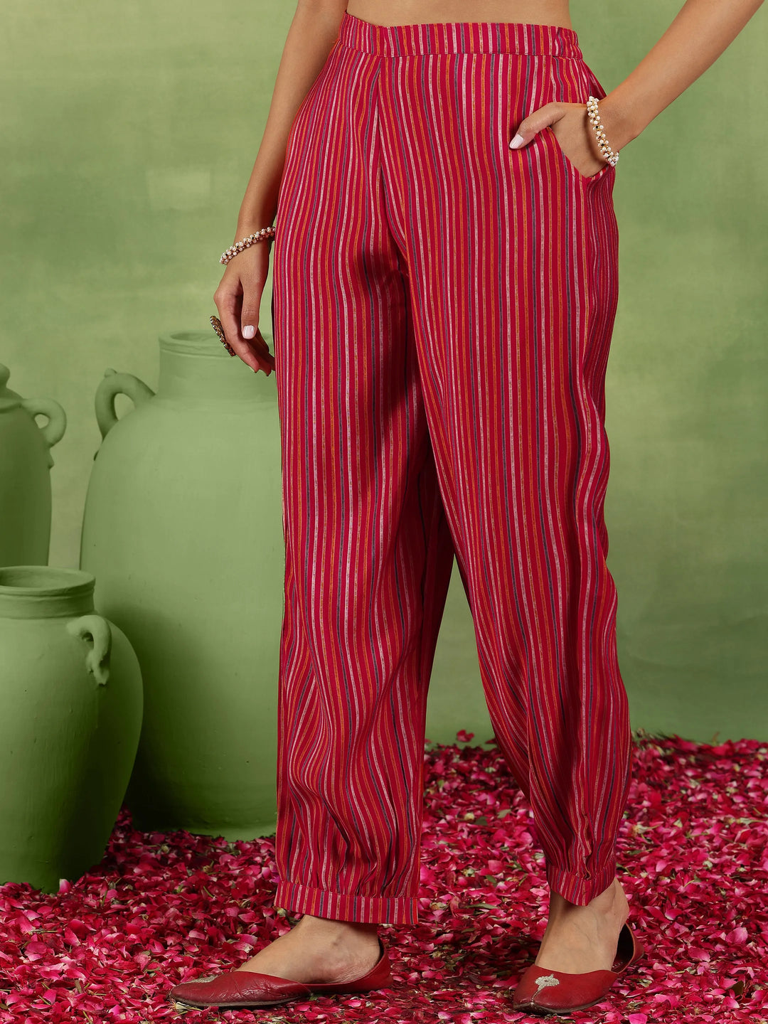 Red Printed Silk Blend A-Line Kurta With Salwar & Dupatta 