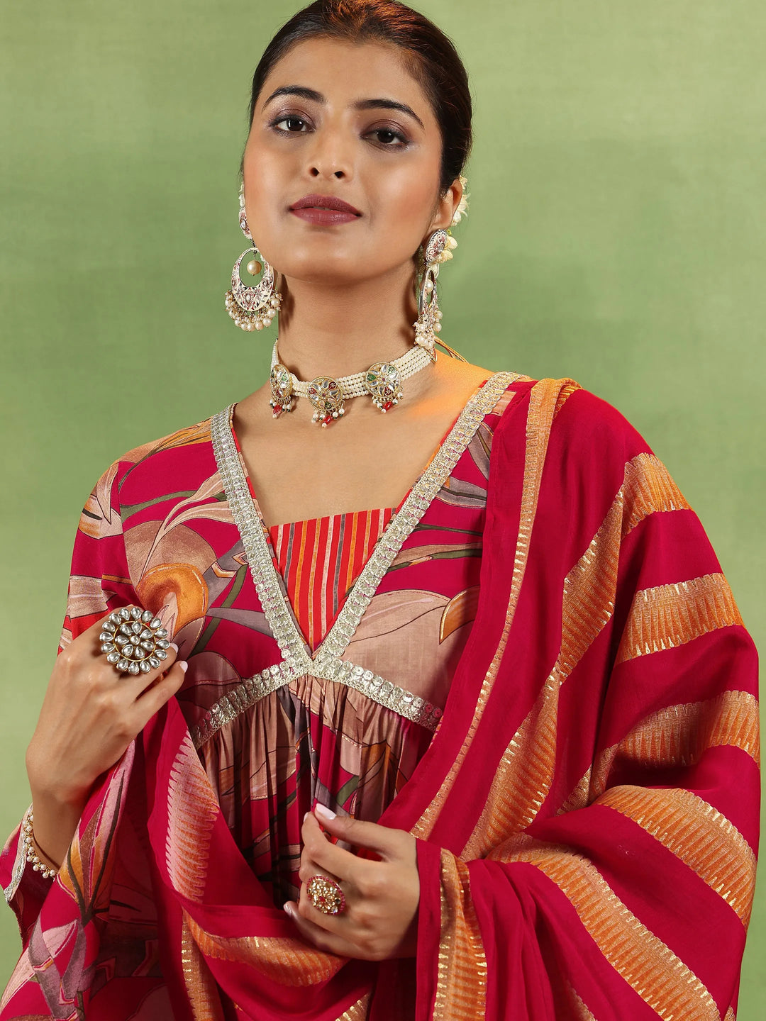  Red Printed Silk Blend A-Line Kurta With Salwar & Dupatta 