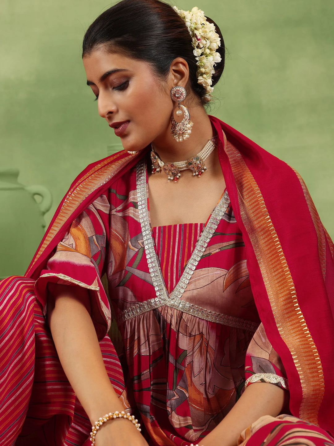  Red Printed Silk Blend A-Line Kurta With Salwar & Dupatta 