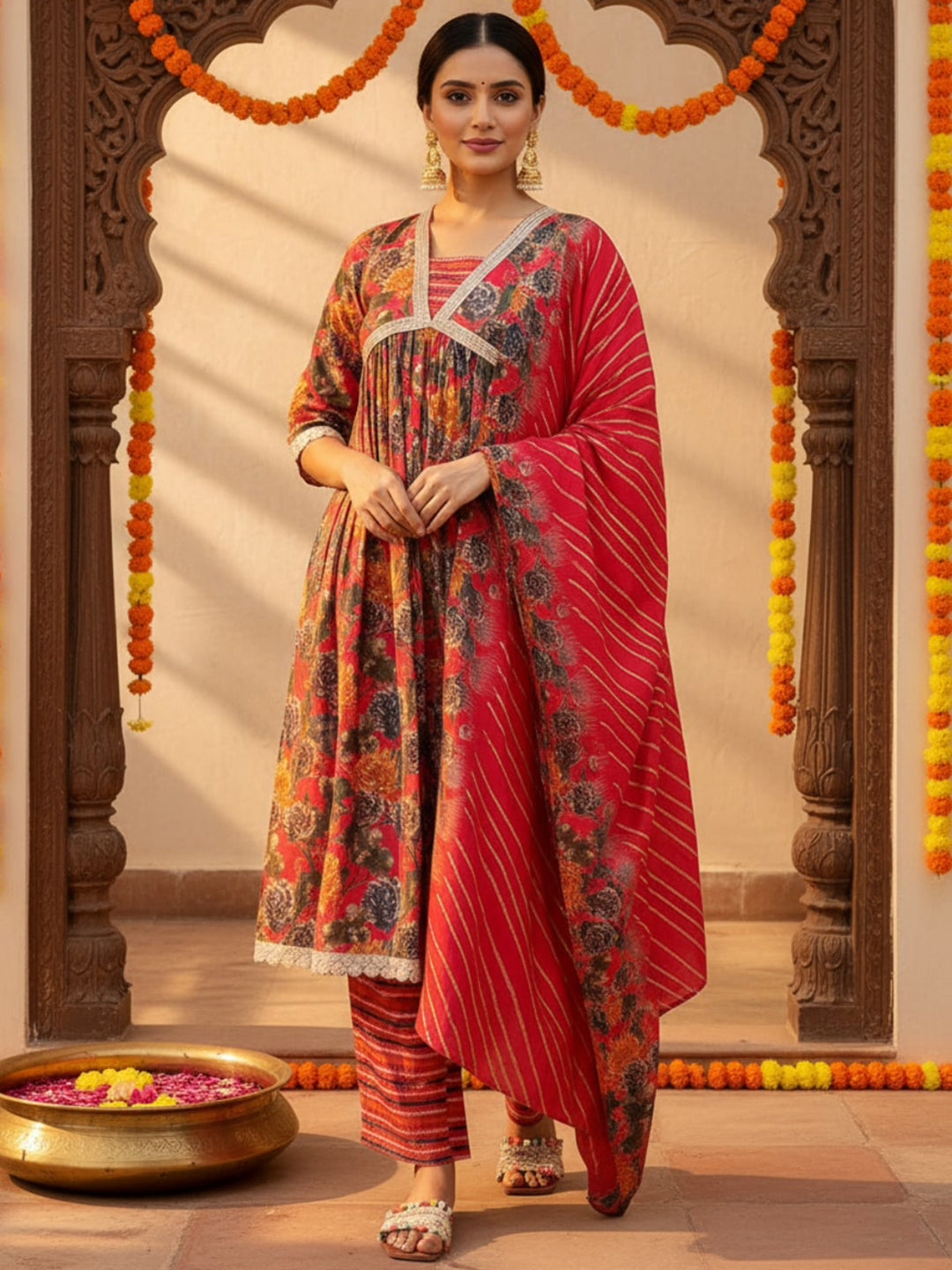 Pink Printed Silk Blend A-Line Kurta With Trousers & Dupatta