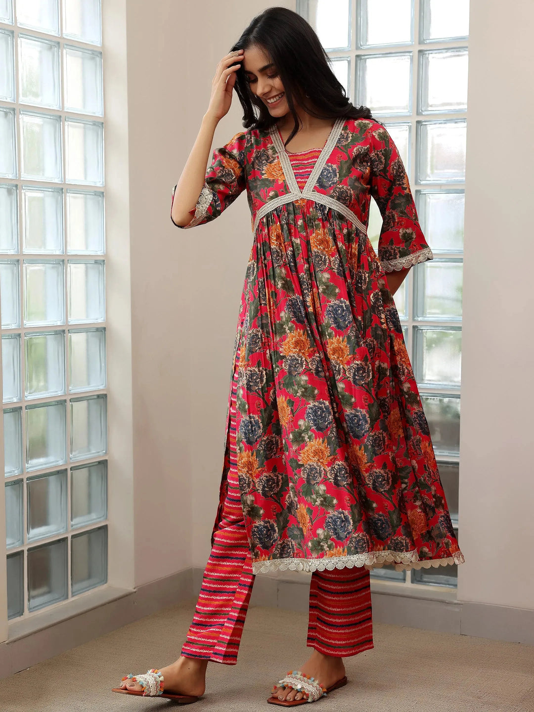  Pink Printed Silk Blend A-Line Kurta With Trousers & Dupatta 