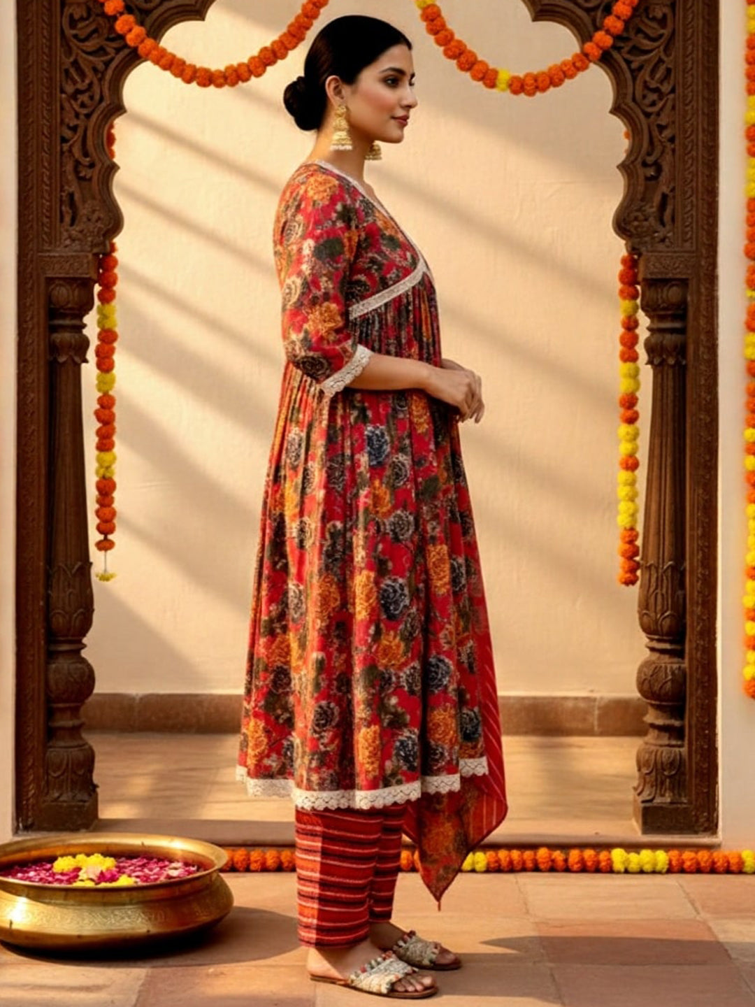  Pink Printed Silk Blend A-Line Kurta With Trousers & Dupatta 
