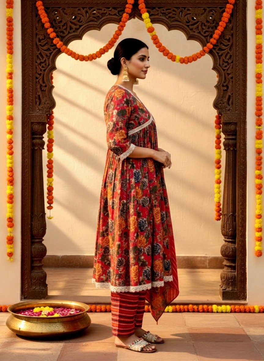  Pink Printed Silk Blend A-Line Kurta With Trousers & Dupatta 