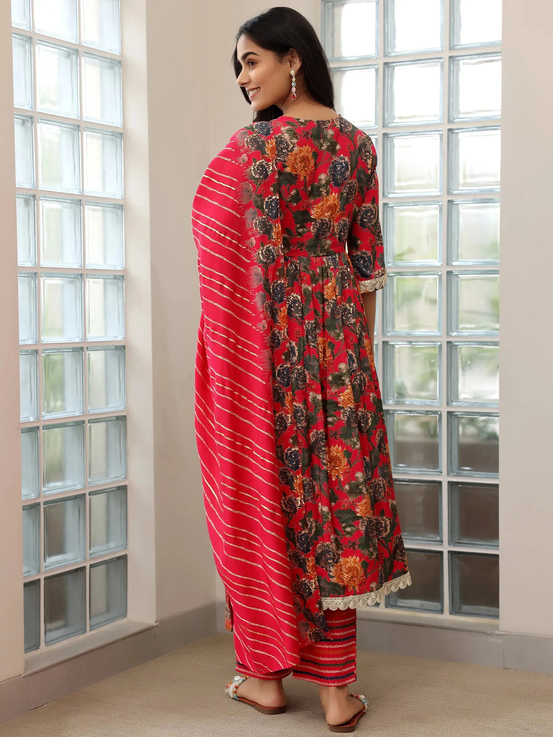  Pink Printed Silk Blend A-Line Kurta With Trousers & Dupatta 