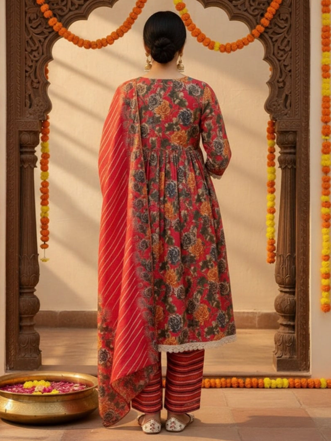  Pink Printed Silk Blend A-Line Kurta With Trousers & Dupatta 