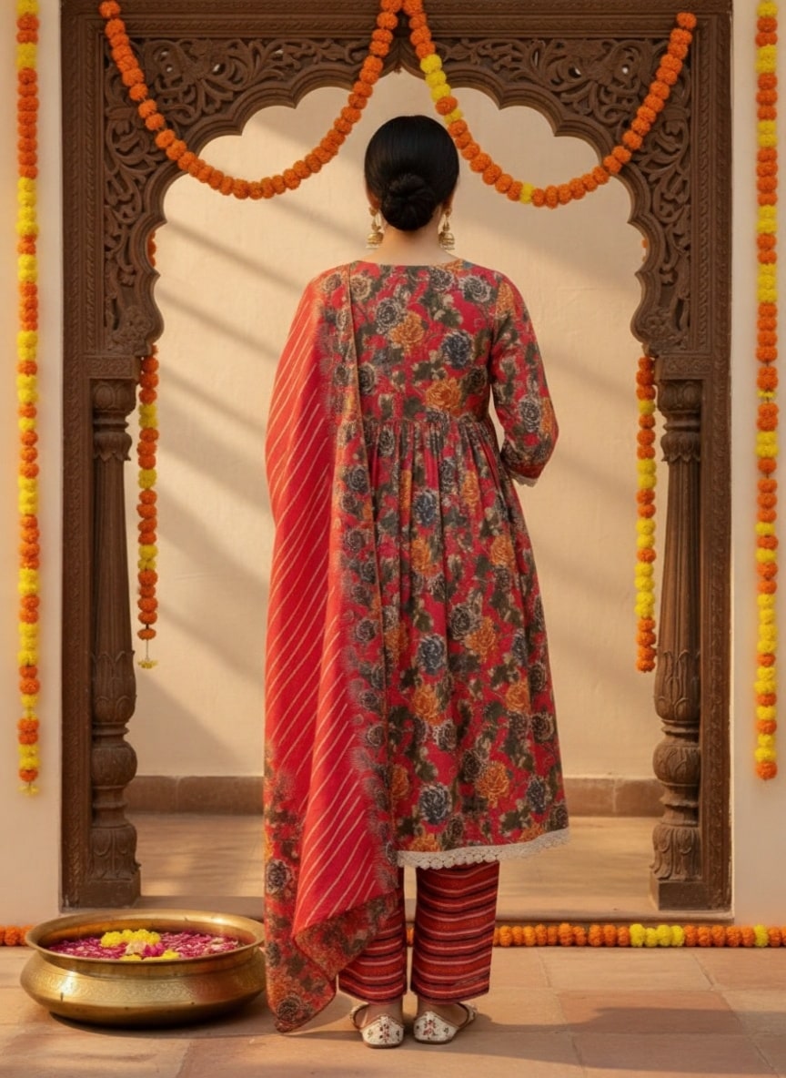  Pink Printed Silk Blend A-Line Kurta With Trousers & Dupatta 