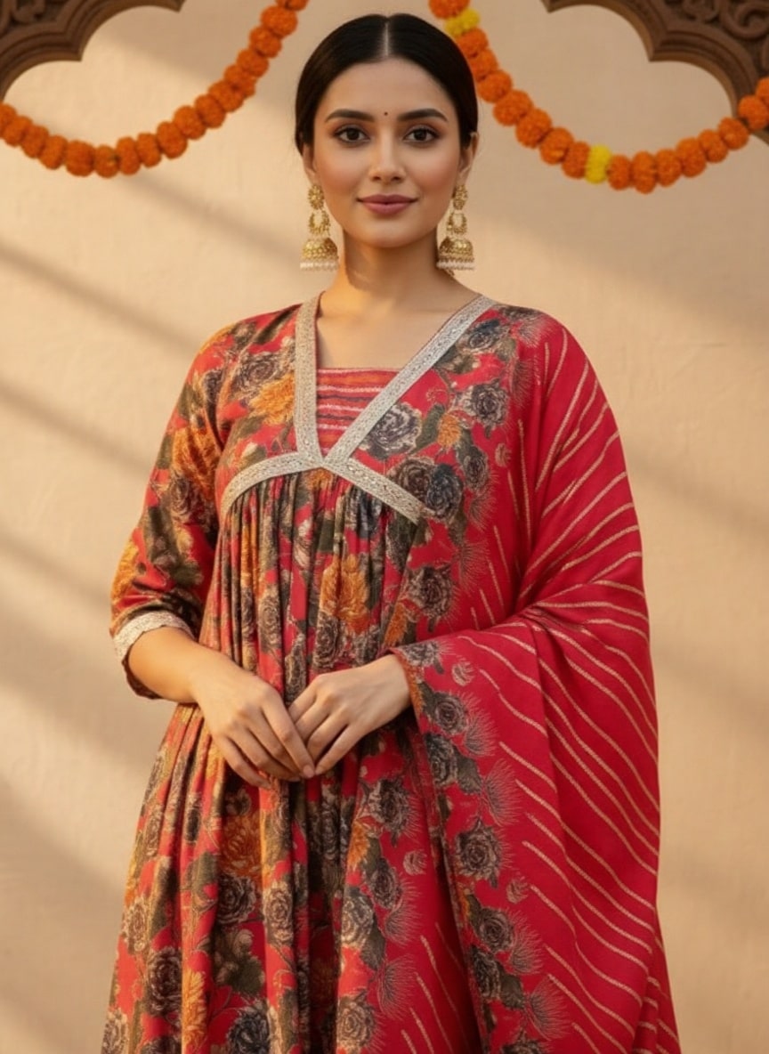  Pink Printed Silk Blend A-Line Kurta With Trousers & Dupatta 
