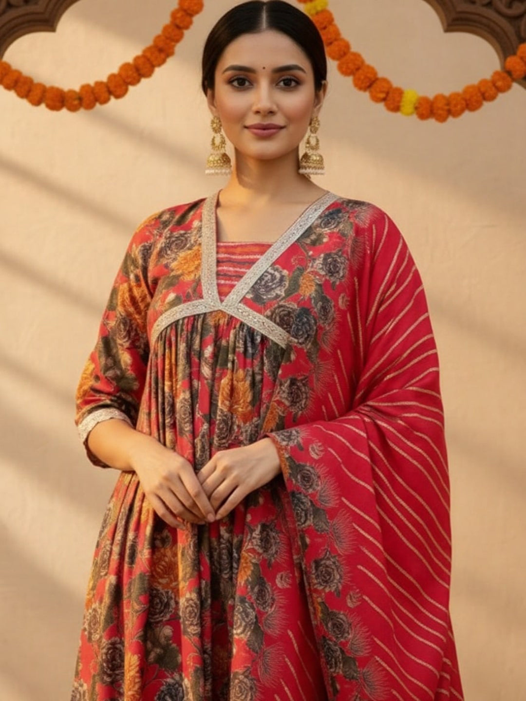  Pink Printed Silk Blend A-Line Kurta With Trousers & Dupatta 
