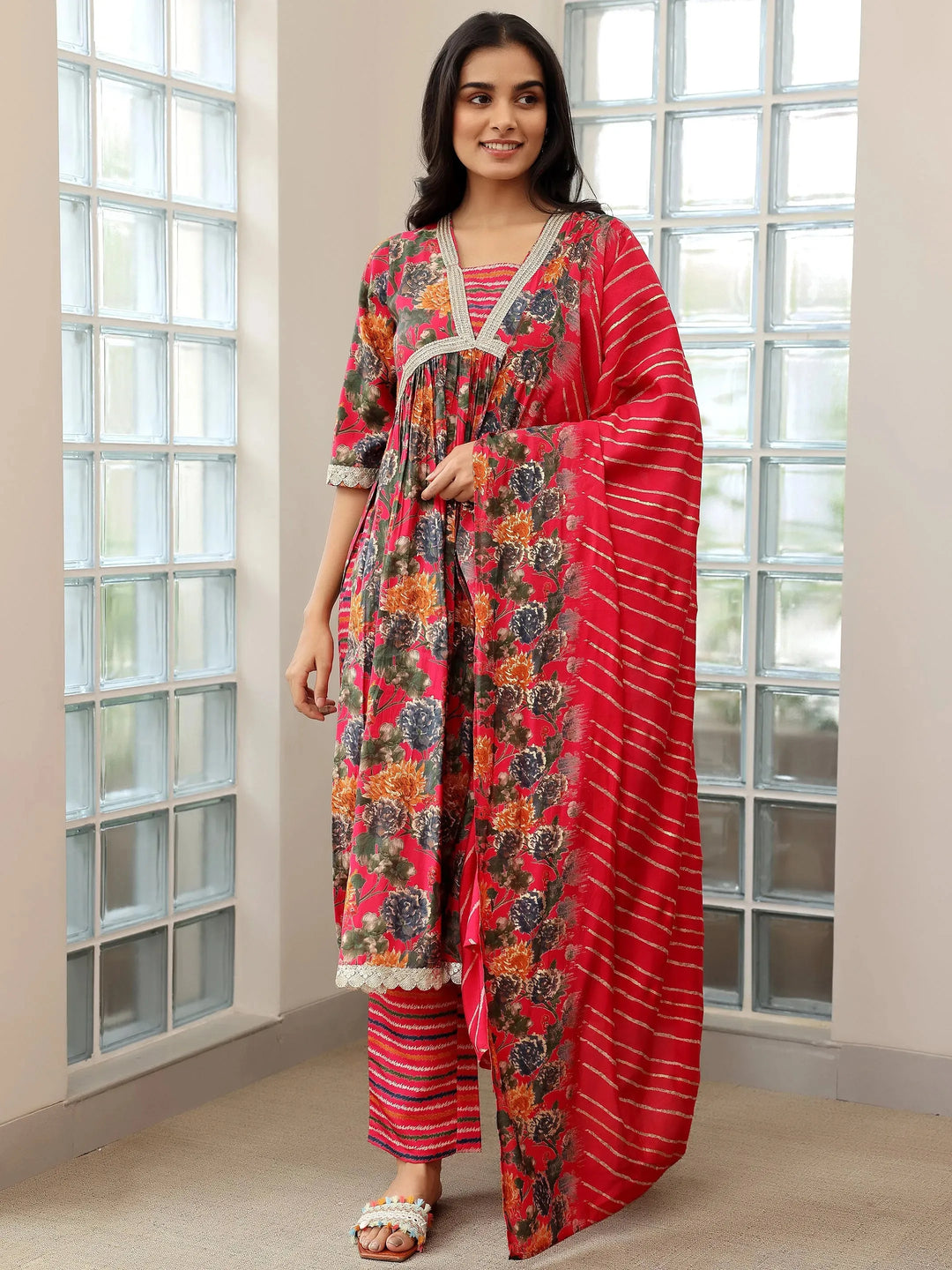 Pink Printed Silk Blend A-Line Kurta With Trousers & Dupatta 