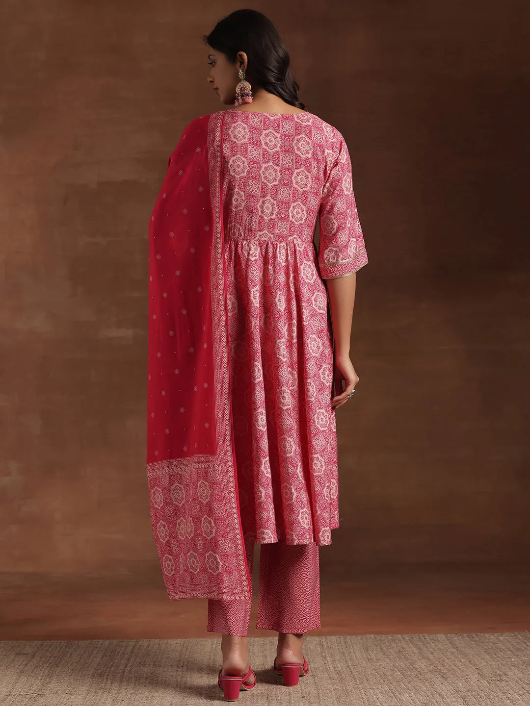  Pink Printed Silk Blend Anarkali Suit With Dupatta 
