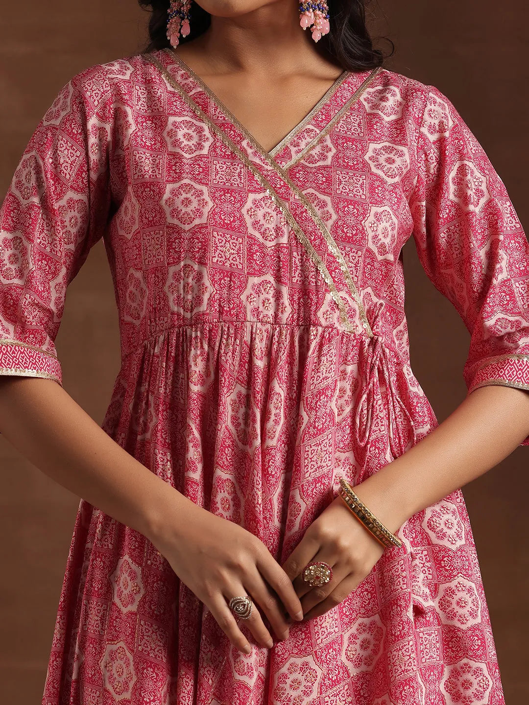  Pink Printed Silk Blend Anarkali Suit With Dupatta 