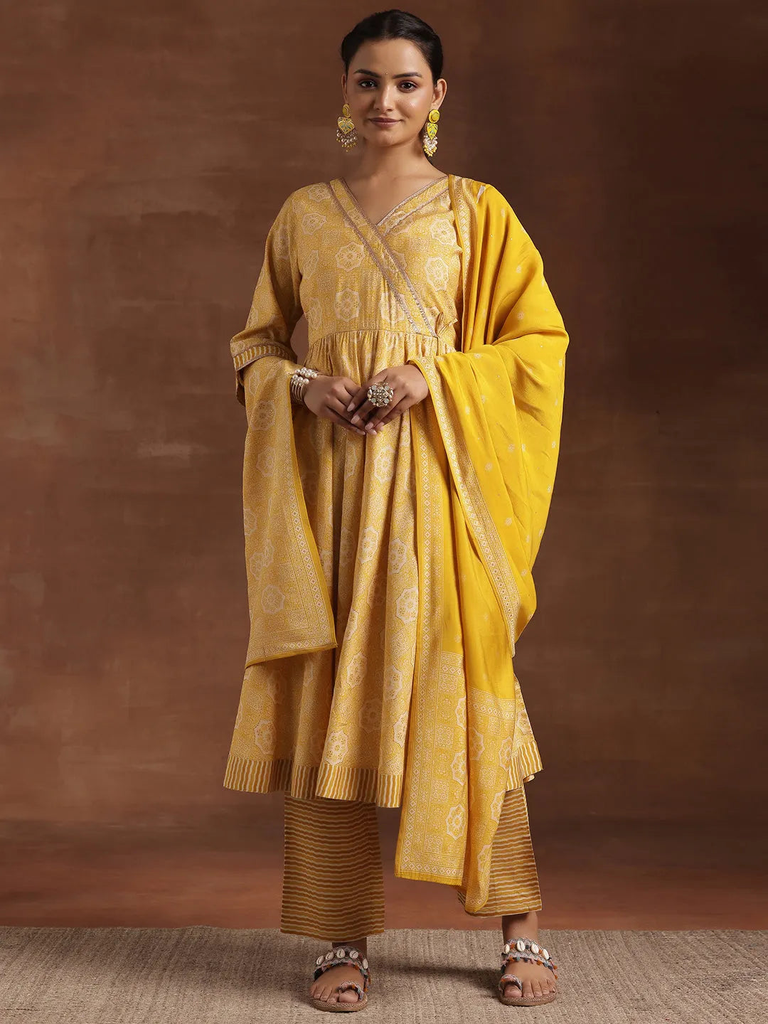  Yellow Printed Silk Blend Anarkali Suit With Dupatta 