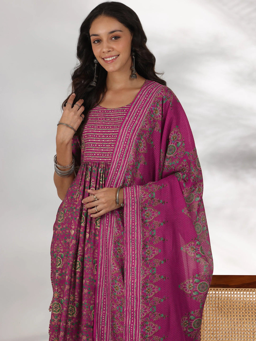  Pink Printed Silk Blend A-Line Kurta With Trousers & Dupatta 